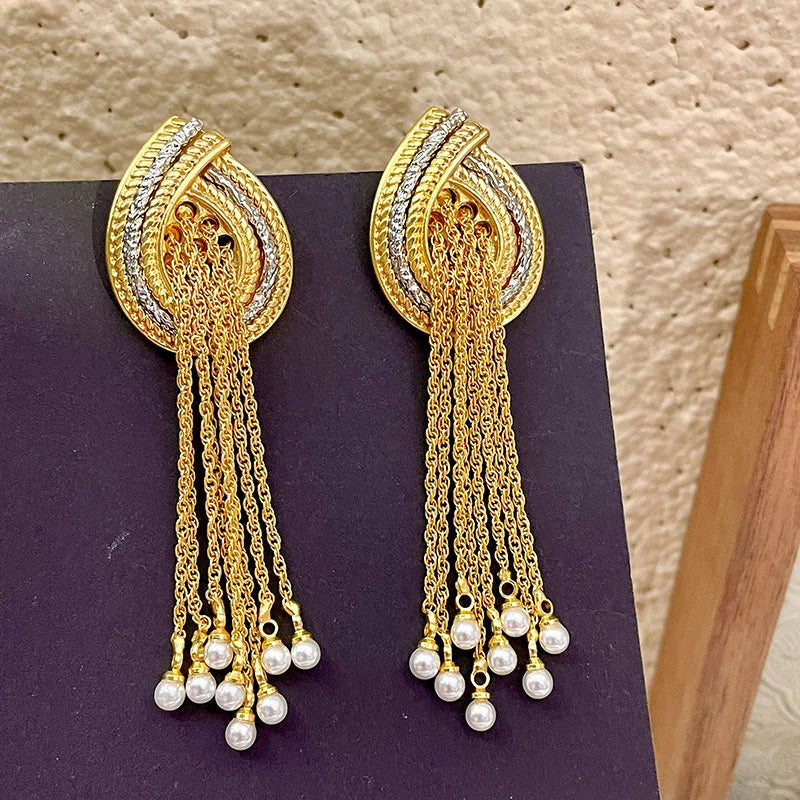 European American Style Long Tassels Pearl Pendant Earrings