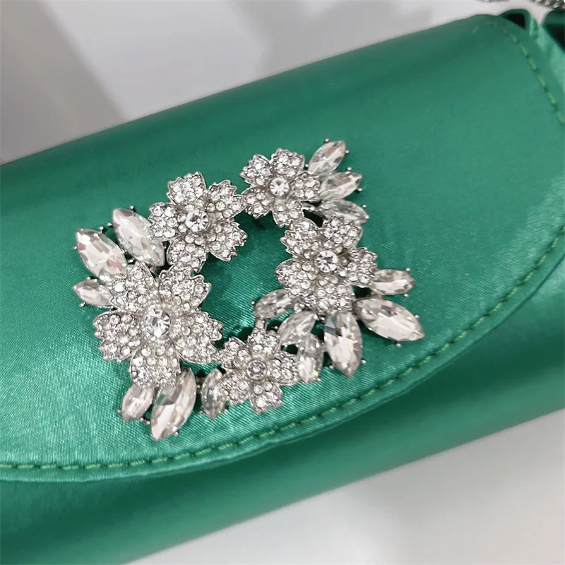 Emerald Satin Hand Bags Elegant Ladies Floral Rhinestone Buckle Evening Bag Luxury Celebrity Simple Design Underarm Bag Bolsas