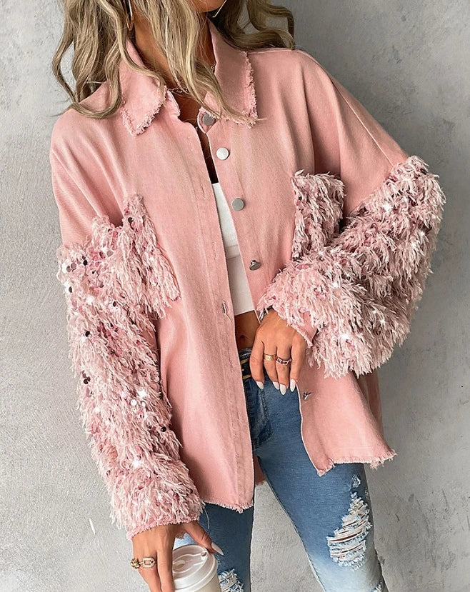 Women Jacket Autumn Fashion Contrast Sequin Tassel Design Fuzzy