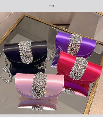 Women Glittering Crystal Satin Handbags Designer Luxury Diamond Pink Evening Diamonds Ring Clutch Purses Wedding Party Trendy