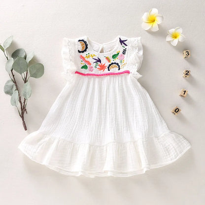 Infant Baby Girls Cotton Linen Dresses Pleated Short Sleeve Delicate