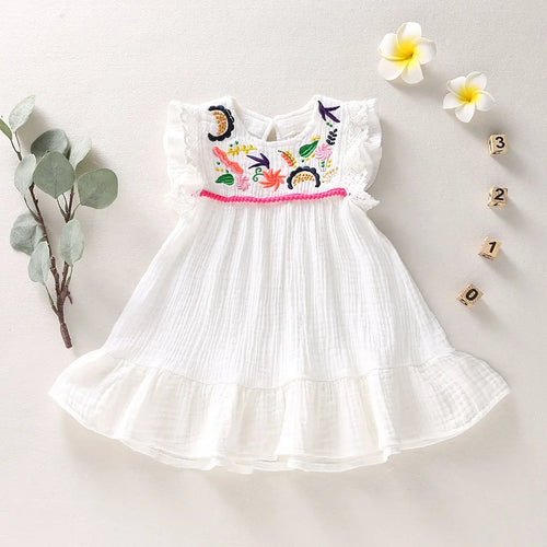 Infant Baby Girls Cotton Linen Dresses Pleated Short Sleeve Delicate