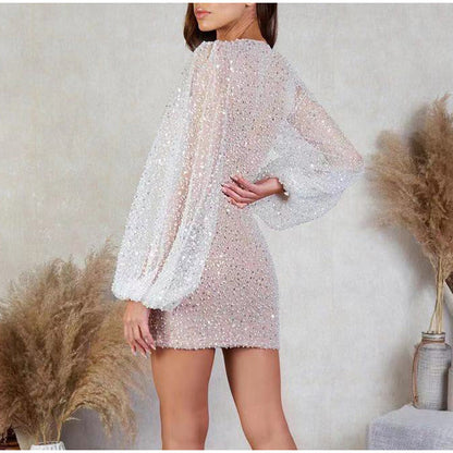 Sequins Mini Dress V Neck Lantern Long Sleeves Dress