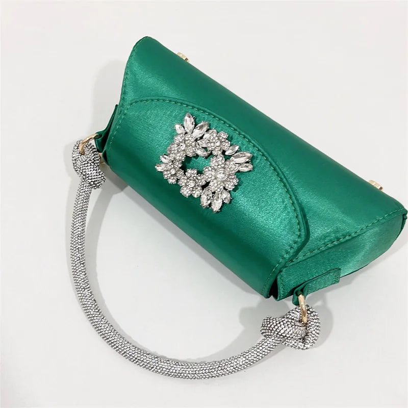 Emerald Satin Hand Bags Elegant Ladies Floral Rhinestone Buckle Evening Bag Luxury Celebrity Simple Design Underarm Bag Bolsas