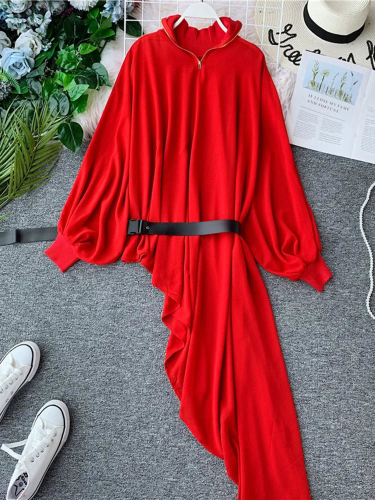 Spring Summer Women's Chiffon Dress Lantern Sleeve Stand Collar Zipper