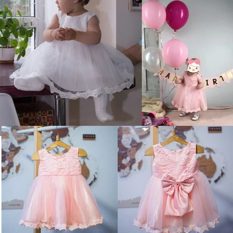 Baby Girls Long Sleeve Dresses for  Wedding Lace Big Bow