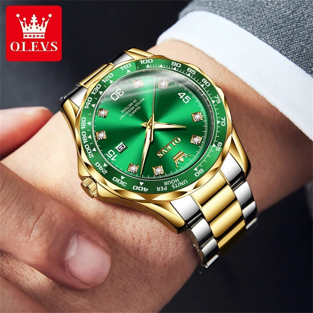 Golden Green Quartz Watch for Men Luxury Brand Diving Waterproof