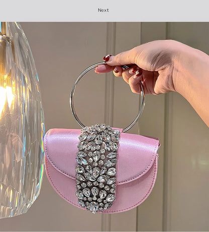 Women Glittering Crystal Satin Handbags Designer Luxury Diamond Pink Evening Diamonds Ring Clutch Purses Wedding Party Trendy