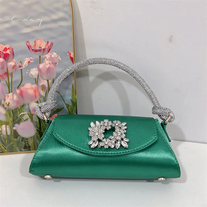 Emerald Satin Hand Bags Elegant Ladies Floral Rhinestone Buckle Evening Bag Luxury Celebrity Simple Design Underarm Bag Bolsas