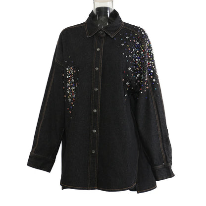 YERMORA Irregular Rhinestone Denim Shirt Jacket For Women For Women Lapel Long Sleeve Fashion Tide Coat Spring Autumn 2025 A142