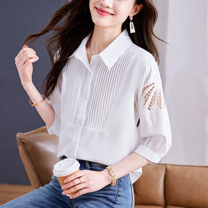 Spring Long-sleeved shirt Turndown collar Vintage Women