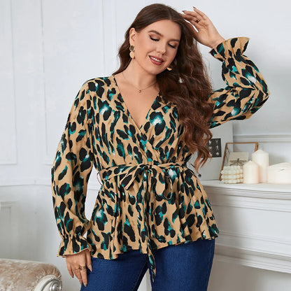 Della Mel  Plus Size Women Elegant Blouse Sexy V-Neck Leopard