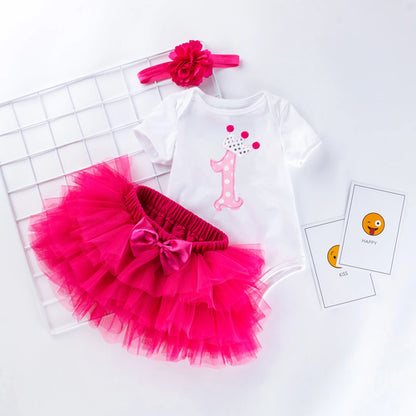 Tutu Baby Birthday Set Short Sleeve Romper Petti skirt Girls 3 Pcs