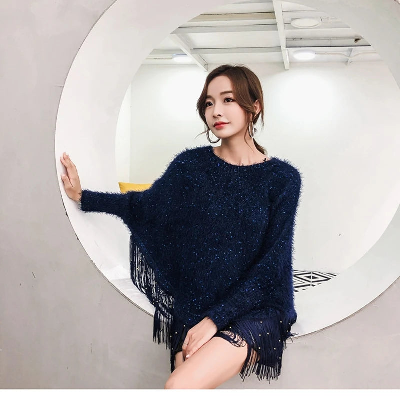 Winter Sequined Tassel Loose Cape Shawl Pullover Sweater