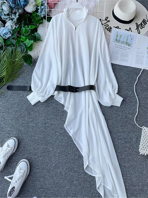 Spring Summer Women's Chiffon Dress Lantern Sleeve Stand Collar Zipper