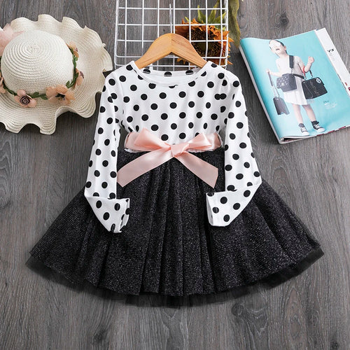 Polka Dot Long Sleeve Tulle Kids Princess Dresses for Girls Spring