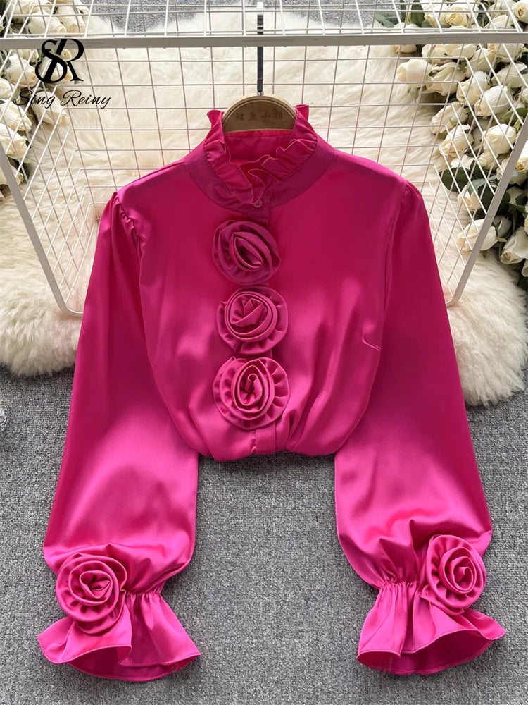 Women High Quality Blouse 2023 Half High Collar Long Sleeves