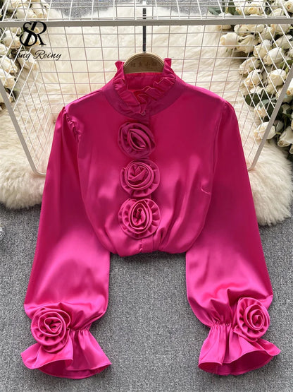 Women High Quality Blouse 2023 Half High Collar Long Sleeves