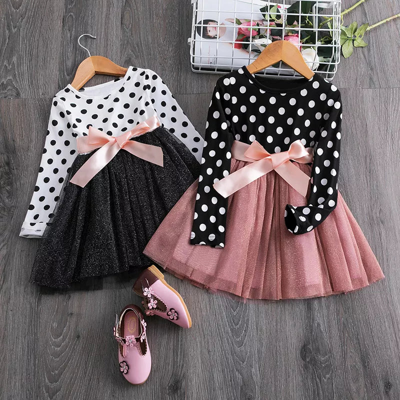 Polka Dot Long Sleeve Tulle Kids Princess Dresses for Girls Spring