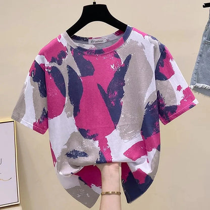 Tie Dye Printing Vintage O-Neck Pullover Short Sleeve T-Shirt Women's