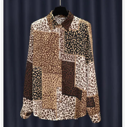 Spring New Leopard Patchwork Print Satin Shirt Women  Style