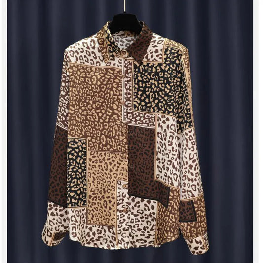 Spring New Leopard Patchwork Print Satin Shirt Women  Style