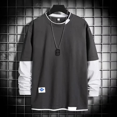 Loose Trendy Men T-shirt Long Sleeve Faux Two-piece Autumn Top Cotton