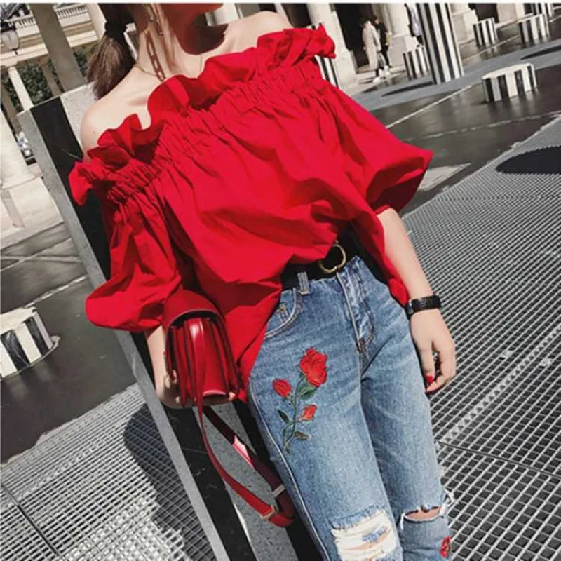 Ruffles Fashion Woman Blouse Off the shoulder Youth Elegant Blouses