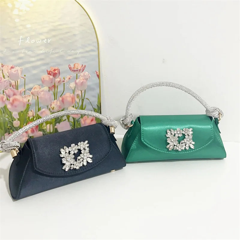 Emerald Satin Hand Bags Elegant Ladies Floral Rhinestone Buckle Evening Bag Luxury Celebrity Simple Design Underarm Bag Bolsas