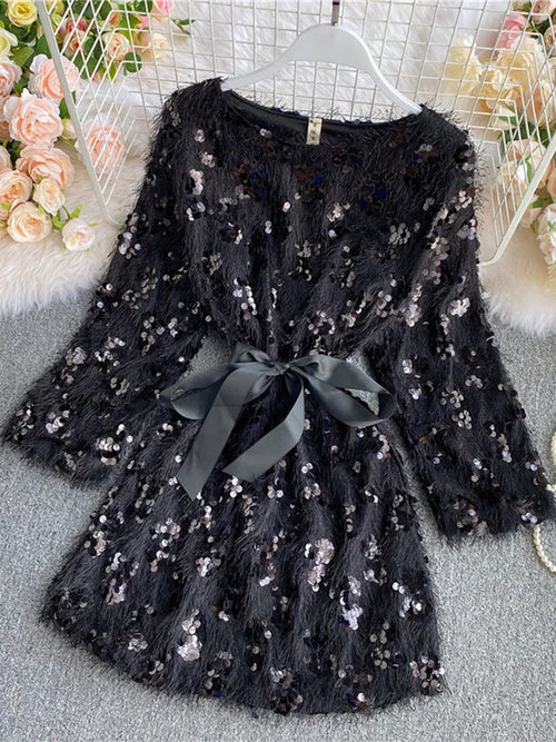 Women's Sequins Dress Winter Bow Belt Tassel Long Sleeve High Waist