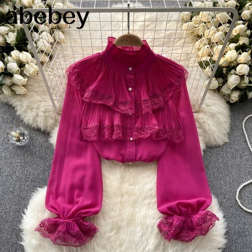 Elegant French Blouse Women Temperament Sweet Ruffles Loose Casual