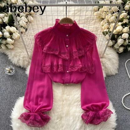 Elegant French Blouse Women Temperament Sweet Ruffles Loose Casual