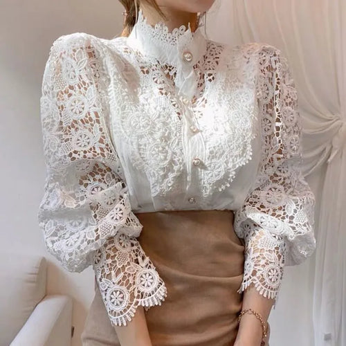 Elegant Embroidery Lace Women Blouse Flower Petal Sleeve Hollow Out