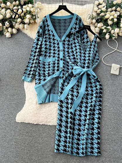 Houndstooth Knitted Dress Suits Women Loose Long