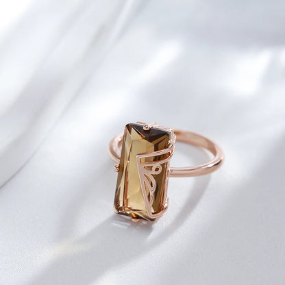 Kinel Hot Fashion Light Brown Natural Zircon Big Ring for Women Simple Square 585 Rose Gold Color High Quality Daily Jewelry