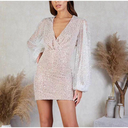 Sequins Mini Dress V Neck Lantern Long Sleeves Dress