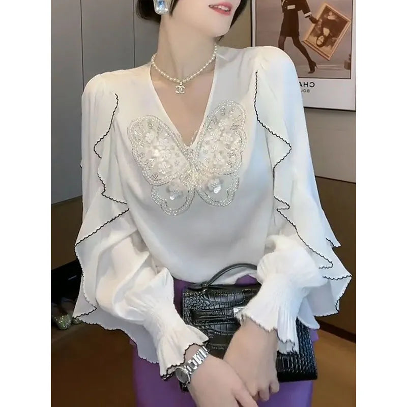 Elegant Spliced Ruffles Sequined Flare Sleeve Blouse Women's Clothing