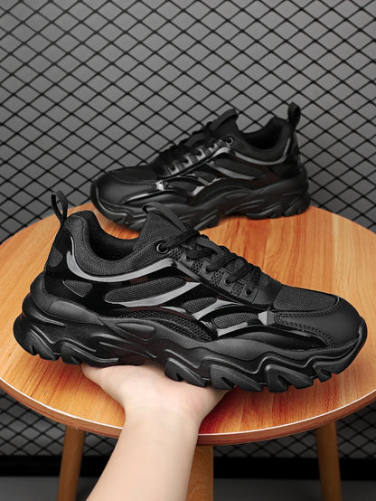 Sporty Chunky Sneakers For Men, Black Lace-up Front Sneakers