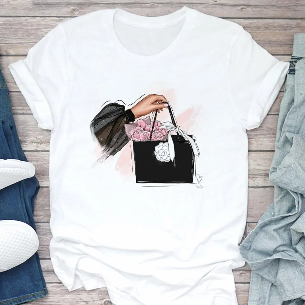 Women's T Shirt Summer Fashion Girl Bag Printed Ladies T-shirt Casual