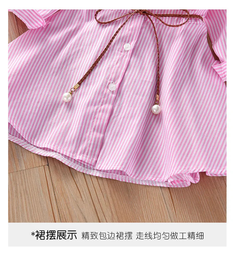 Kids Summer Single Breasted Shirt Dress Girls Casual Loose Pocket Striped Dress Fashion Chic Long Dresses Elegant Loose Belted