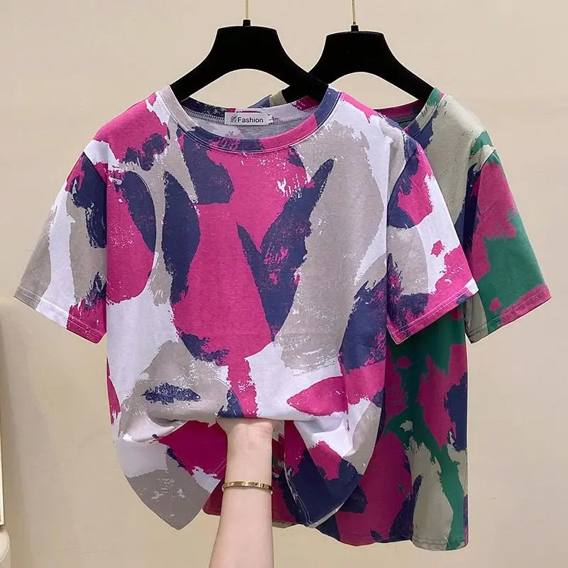 Tie Dye Printing Vintage O-Neck Pullover Short Sleeve T-Shirt Women's