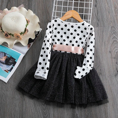 Polka Dot Long Sleeve Tulle Kids Princess Dresses for Girls Spring