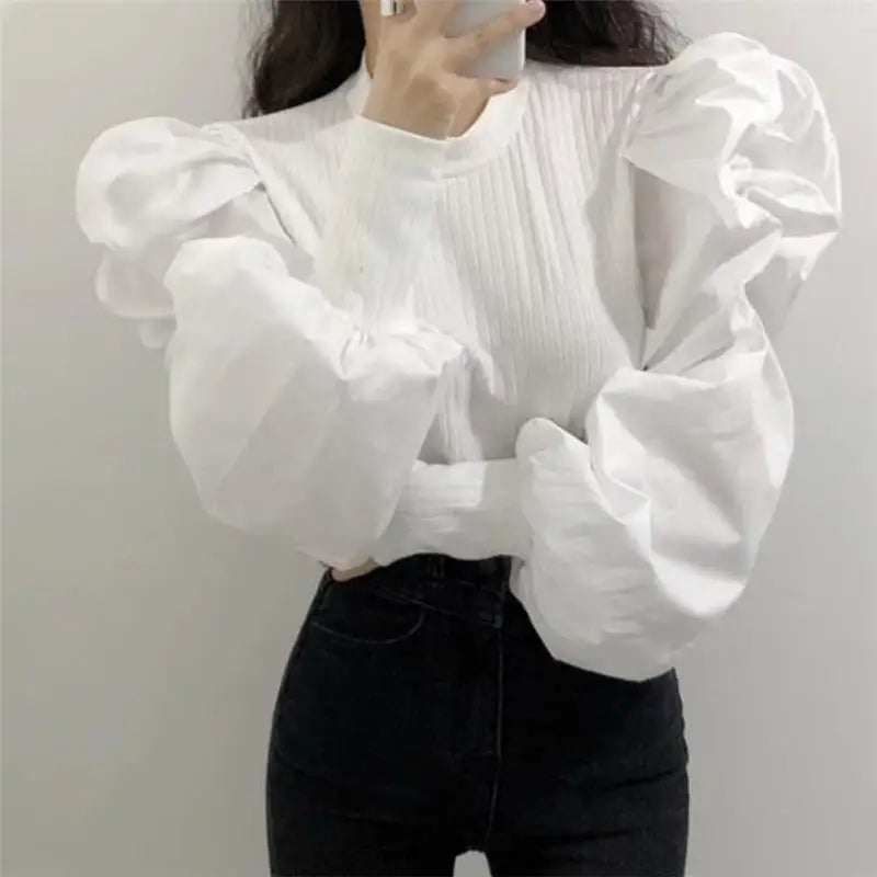 Vintage Women's Knit Long Sleeve Top Pullover Women Puff Sleeve