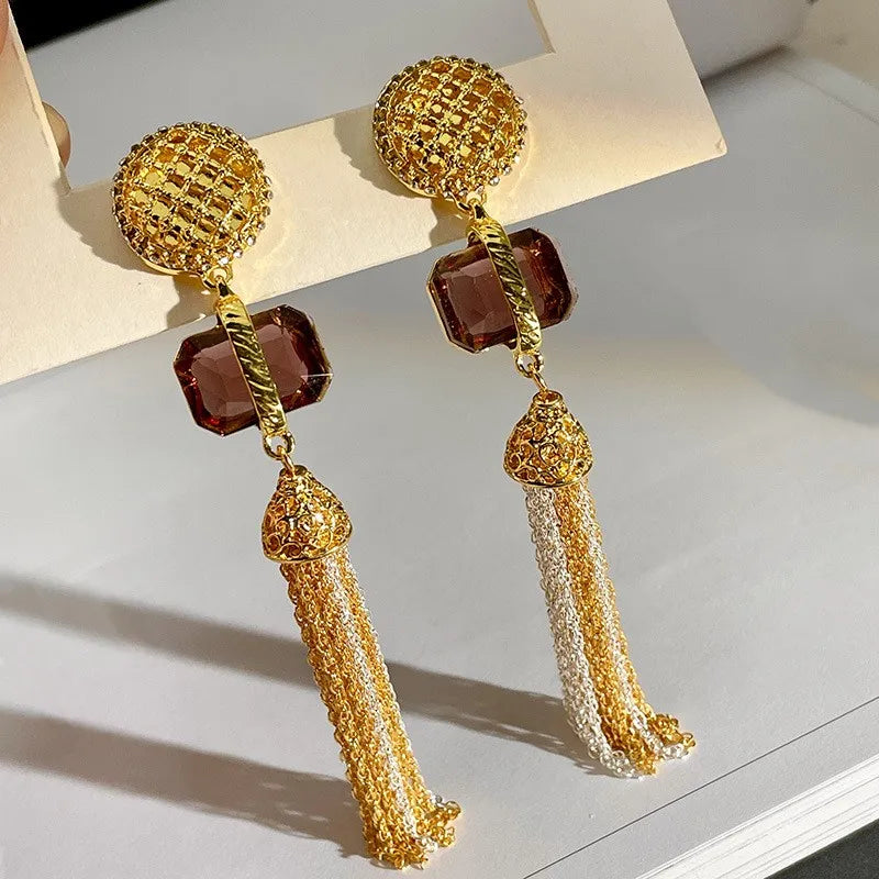 Luxury Crystal Statement Fashion Metallic Long Tassel Earrings Top