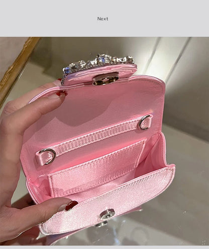 Women Glittering Crystal Satin Handbags Designer Luxury Diamond Pink Evening Diamonds Ring Clutch Purses Wedding Party Trendy