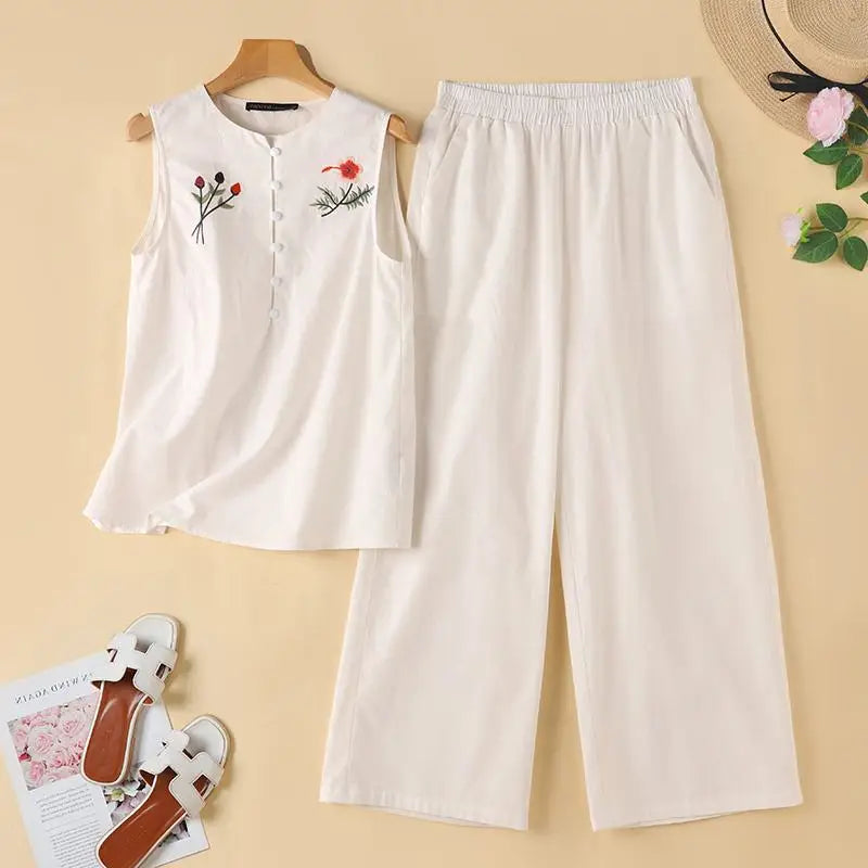 ZANZEA Vintage 2PCS Floral Embroidery Trousers Suits Women Summer Sleeveless Tops Pants Sets Casual Matching Sets OL Tracksuit