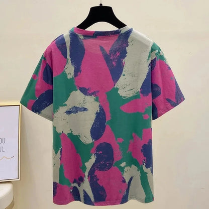 Tie Dye Printing Vintage O-Neck Pullover Short Sleeve T-Shirt Women's