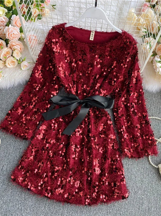 Women's Sequins Dress Winter Bow Belt Tassel Long Sleeve High Waist