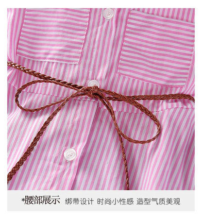 Kids Summer Single Breasted Shirt Dress Girls Casual Loose Pocket Striped Dress Fashion Chic Long Dresses Elegant Loose Belted