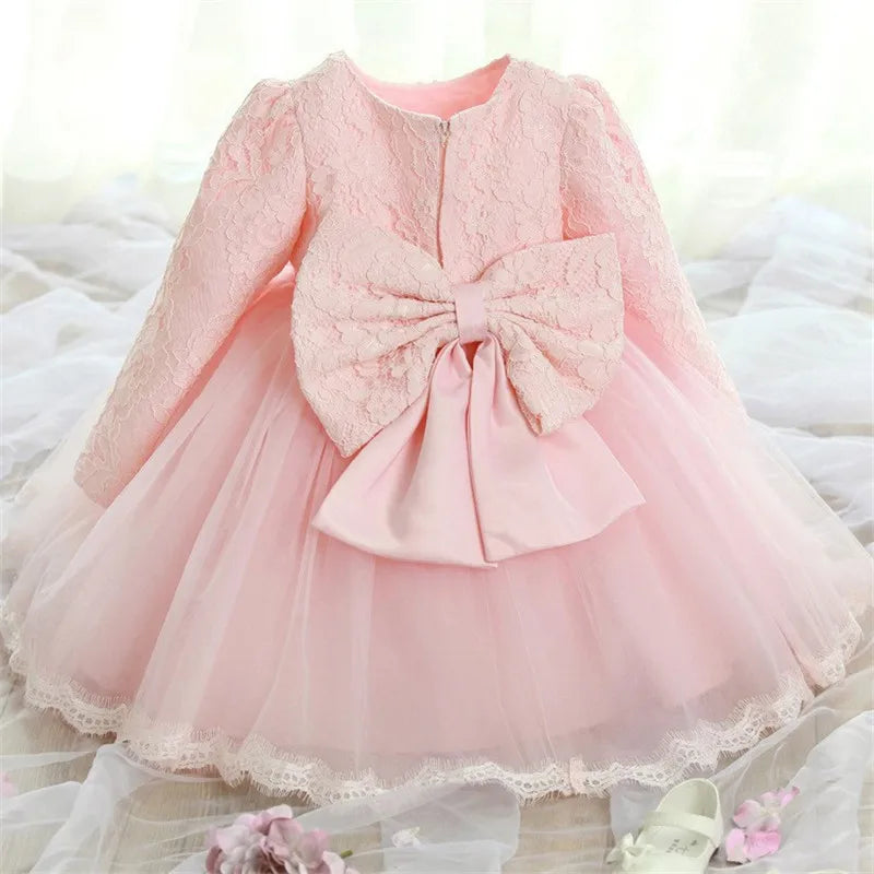 Baby Girls Long Sleeve Dresses for  Wedding Lace Big Bow